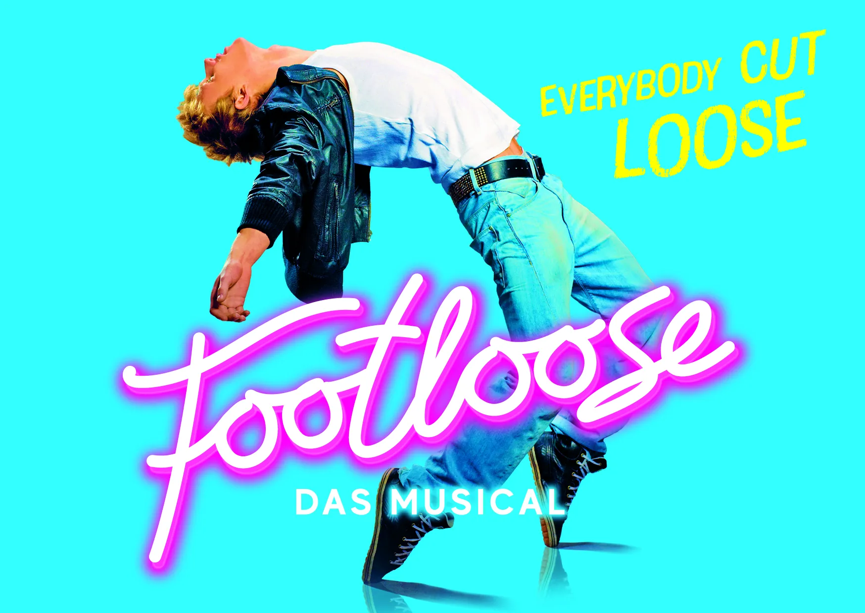 Footloose Musical - Keyvisual Jugendlicher im Vordergrund in Neonfarben - quad